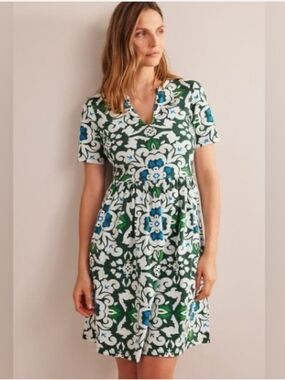 Boden Floral Easy Notch Neck Jersey Mini Green Blue Summer Dress Cotton Size 8R